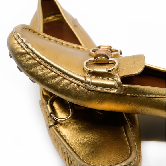 GUCCI Metallic Gold Leather Driving Loafers Bamboo Horsebit Size 10 - Picture 15 of 16
